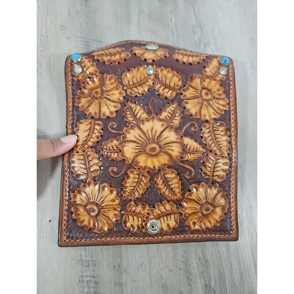 Women's leather embossed floral snap wallet card slots zipper pouch Gem Studded - Picture 9 of 9